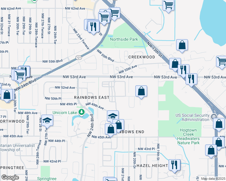 map of restaurants, bars, coffee shops, grocery stores, and more near 5116 Northwest 21st Drive in Gainesville