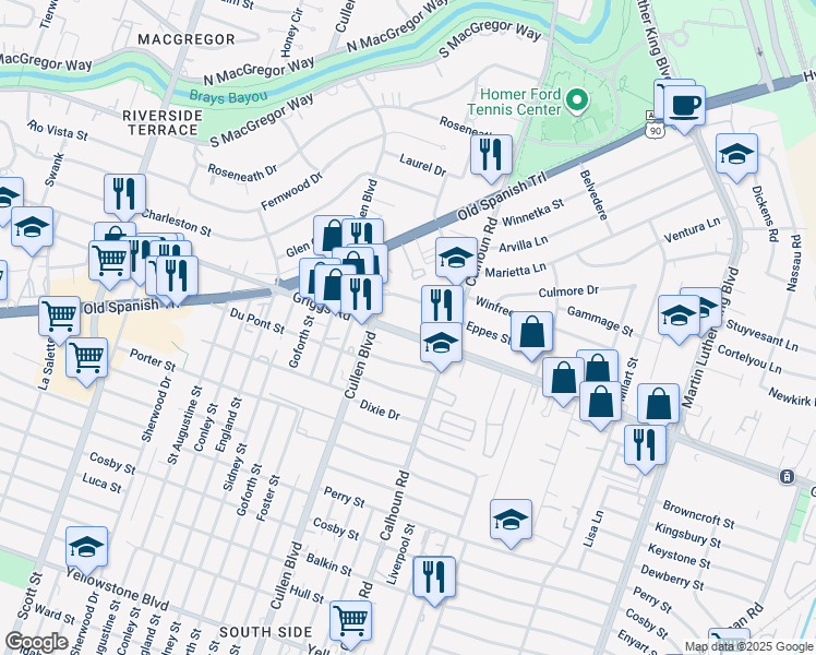 map of restaurants, bars, coffee shops, grocery stores, and more near 4531 Griggs Road in Houston