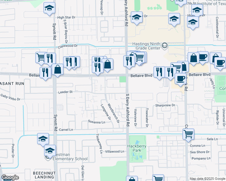 map of restaurants, bars, coffee shops, grocery stores, and more near 6969 Westbranch Drive in Houston