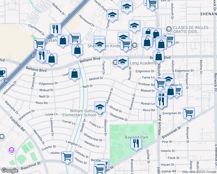 map of restaurants, bars, coffee shops, grocery stores, and more near 6709 Neff Street in Houston