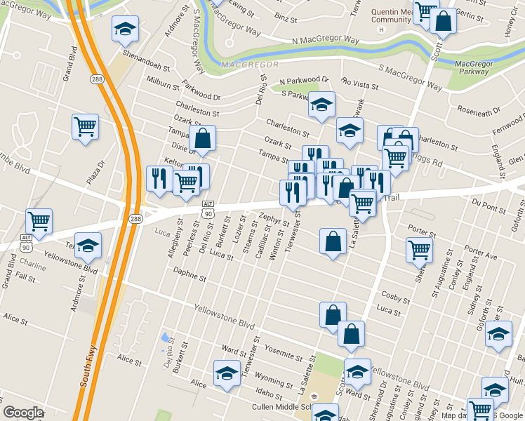map of restaurants, bars, coffee shops, grocery stores, and more near 3532 Old Spanish Trail in Houston