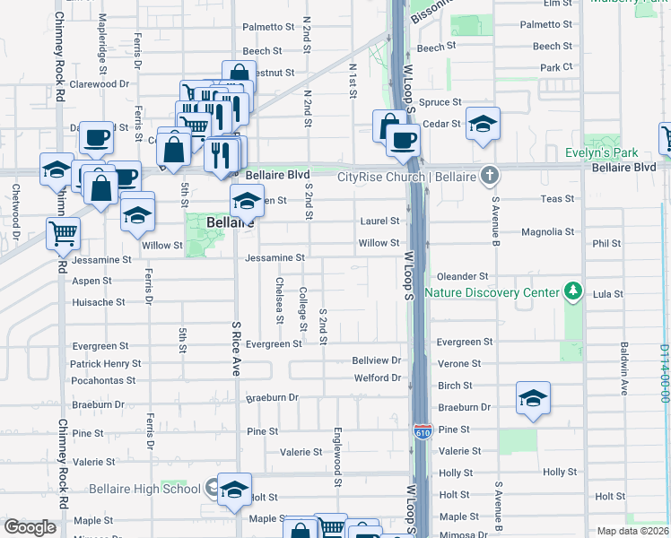 map of restaurants, bars, coffee shops, grocery stores, and more near 4810 Florence Street in Bellaire