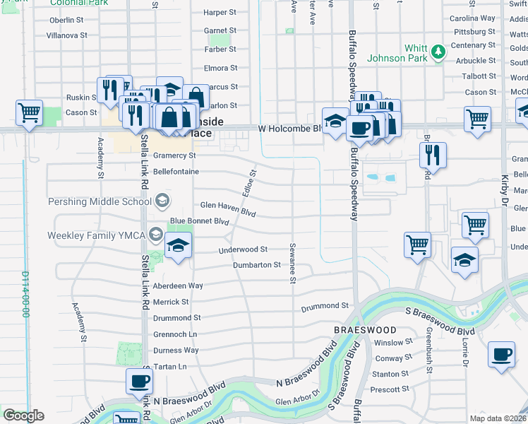 map of restaurants, bars, coffee shops, grocery stores, and more near 3634 Glen Haven Boulevard in Houston