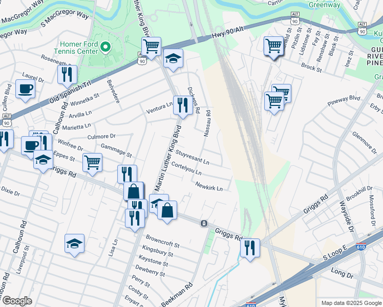 map of restaurants, bars, coffee shops, grocery stores, and more near 5135 Stuyvesant Lane in Houston