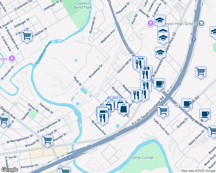 map of restaurants, bars, coffee shops, grocery stores, and more near 873 Holly Street in New Braunfels
