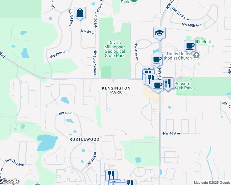 map of restaurants, bars, coffee shops, grocery stores, and more near 4921 Northwest 51st Place in Gainesville
