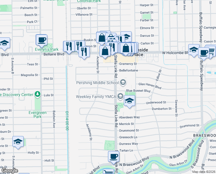 map of restaurants, bars, coffee shops, grocery stores, and more near 4034 Blue Bonnet Boulevard in Houston