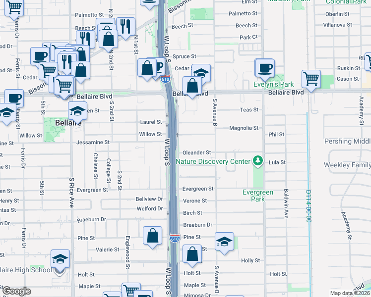 map of restaurants, bars, coffee shops, grocery stores, and more near 4620 Oleander Street in Bellaire