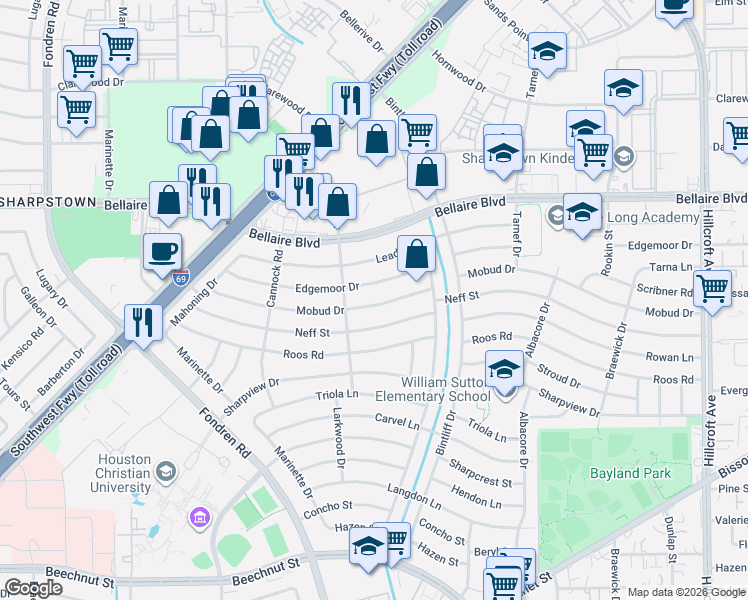 map of restaurants, bars, coffee shops, grocery stores, and more near 7030 Mobud Drive in Houston