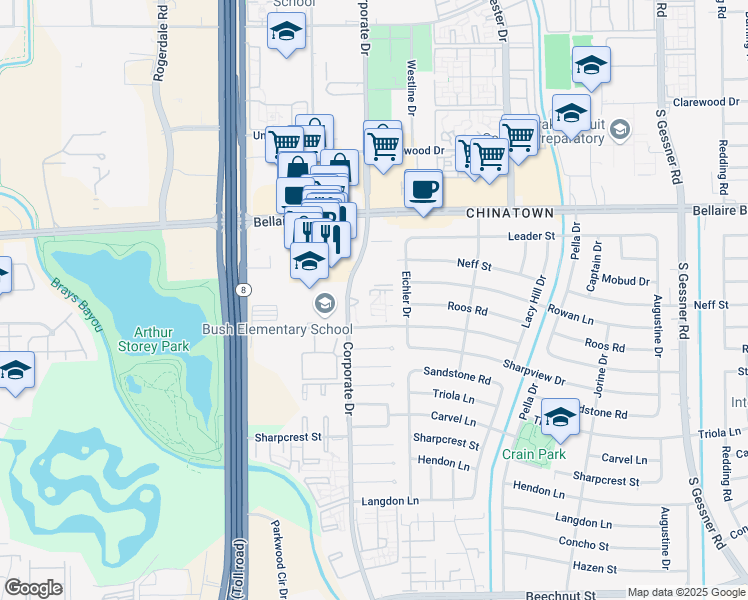 map of restaurants, bars, coffee shops, grocery stores, and more near 7255 Corporate Drive in Houston
