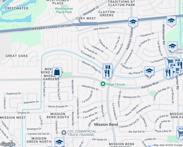 map of restaurants, bars, coffee shops, grocery stores, and more near 15919 Vista Del Mar Drive in Houston