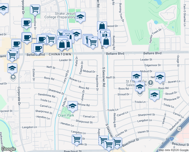 map of restaurants, bars, coffee shops, grocery stores, and more near 8806 Neff Street in Houston