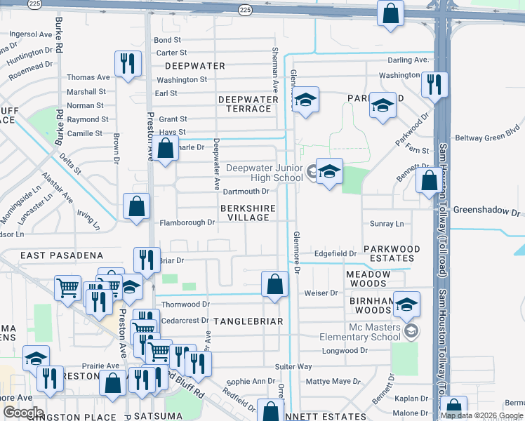 map of restaurants, bars, coffee shops, grocery stores, and more near 3310 Edmonton Drive in Pasadena