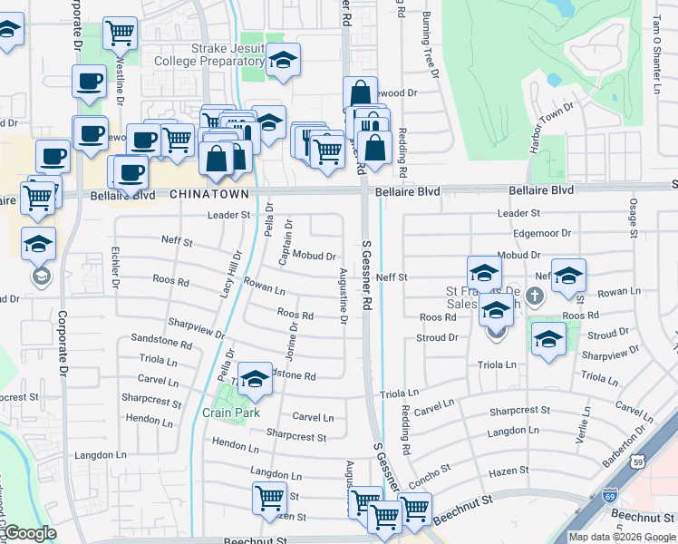 map of restaurants, bars, coffee shops, grocery stores, and more near 8806 Neff Street in Houston