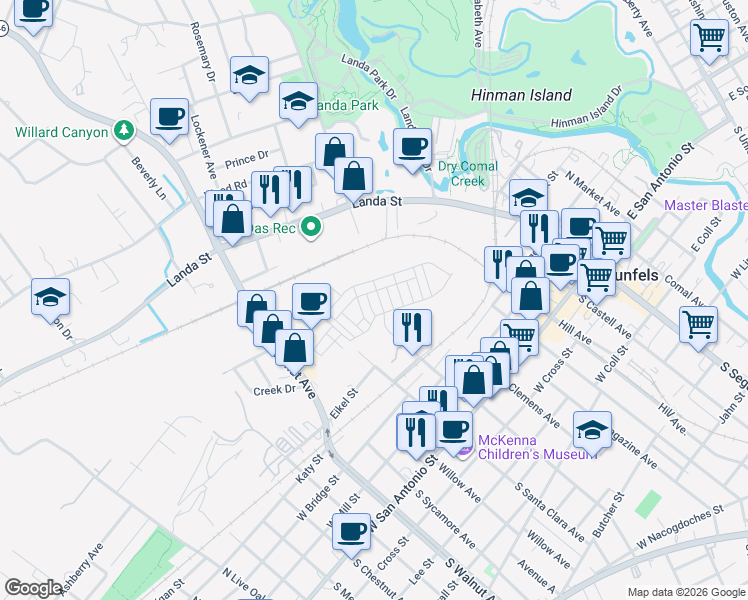 map of restaurants, bars, coffee shops, grocery stores, and more near 602 North Guenther Avenue in New Braunfels