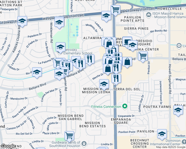 map of restaurants, bars, coffee shops, grocery stores, and more near 14815 El Grande Drive in Houston