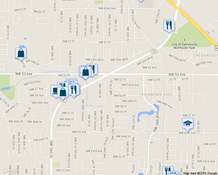 map of restaurants, bars, coffee shops, grocery stores, and more near 5118 Northwest 27th Drive in Gainesville