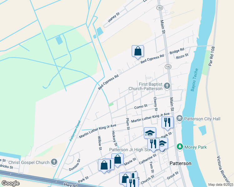 map of restaurants, bars, coffee shops, grocery stores, and more near 1819 O Street in Patterson