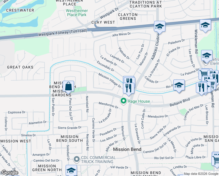 map of restaurants, bars, coffee shops, grocery stores, and more near 15919 Vista Del Mar Drive in Houston
