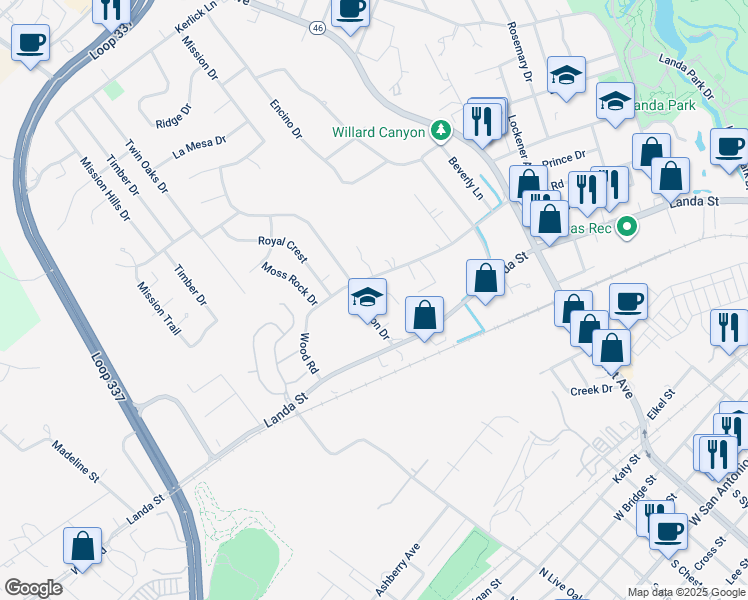 map of restaurants, bars, coffee shops, grocery stores, and more near 1013 Mission Drive in New Braunfels