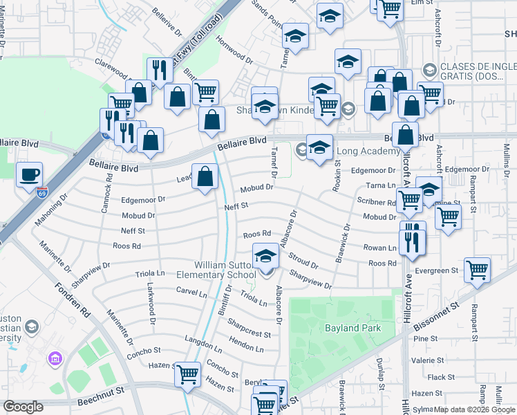 map of restaurants, bars, coffee shops, grocery stores, and more near 6813 Neff Street in Houston