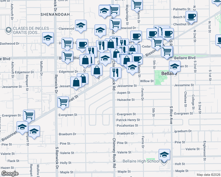 map of restaurants, bars, coffee shops, grocery stores, and more near 5503 Jessamine Street in Houston