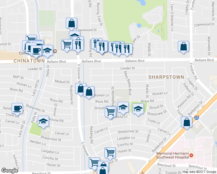 map of restaurants, bars, coffee shops, grocery stores, and more near 8410 Neff Street in Houston