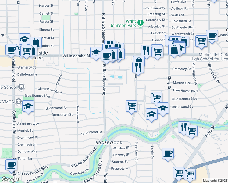 map of restaurants, bars, coffee shops, grocery stores, and more near 3102 Glen Haven Boulevard in Houston