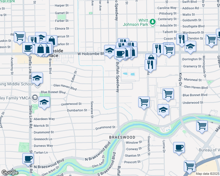 map of restaurants, bars, coffee shops, grocery stores, and more near 3302 Glen Haven Boulevard in Houston
