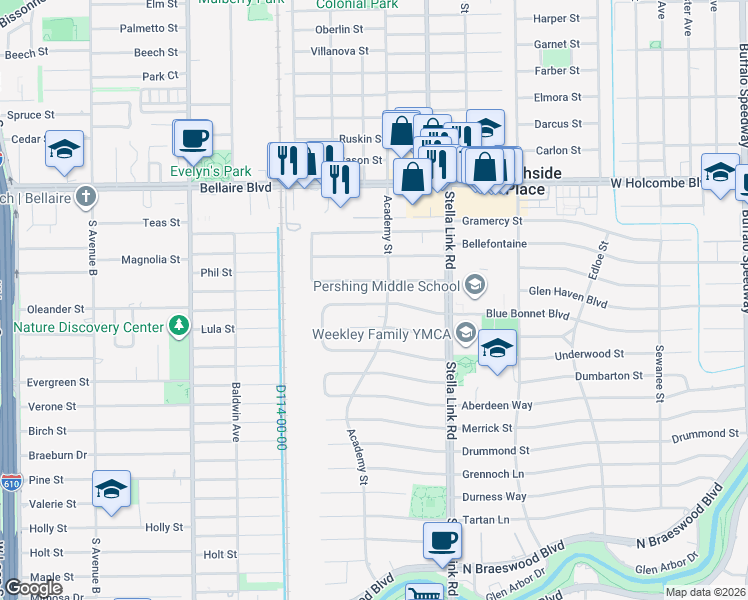 map of restaurants, bars, coffee shops, grocery stores, and more near 4110 Blue Bonnet Blvd in Houston