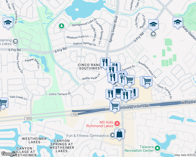 map of restaurants, bars, coffee shops, grocery stores, and more near 25227 Walter Peak Ln in Katy