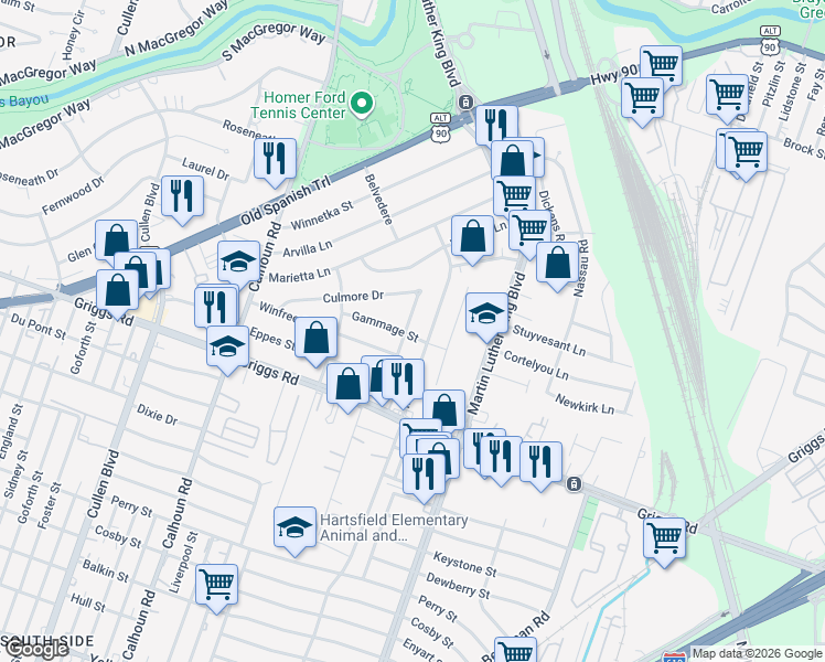 map of restaurants, bars, coffee shops, grocery stores, and more near 5735 Belvedere Drive in Houston
