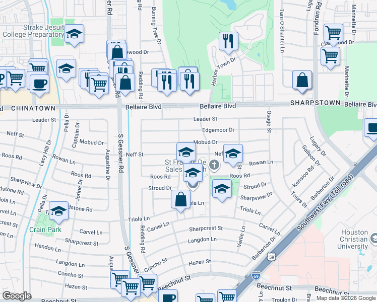 map of restaurants, bars, coffee shops, grocery stores, and more near 8334 Neff Street in Houston