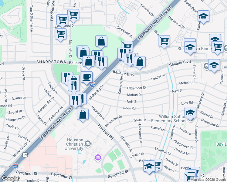 map of restaurants, bars, coffee shops, grocery stores, and more near 7214 Mobud Drive in Houston