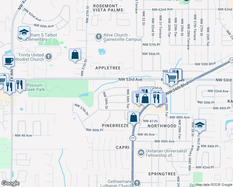 map of restaurants, bars, coffee shops, grocery stores, and more near 3454 Northwest 51 Avenue in Gainesville