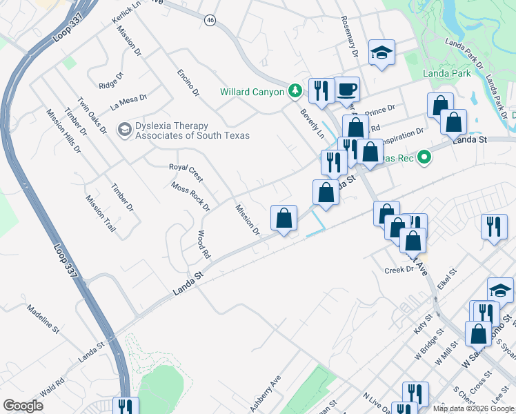 map of restaurants, bars, coffee shops, grocery stores, and more near 940 Wildwood Trail in New Braunfels