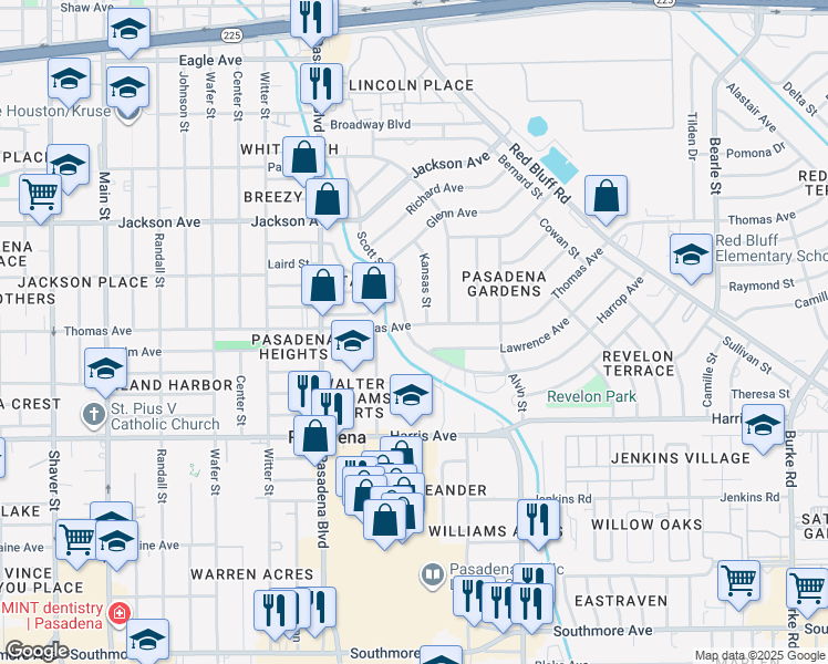 map of restaurants, bars, coffee shops, grocery stores, and more near 1201 Scott Street in Pasadena