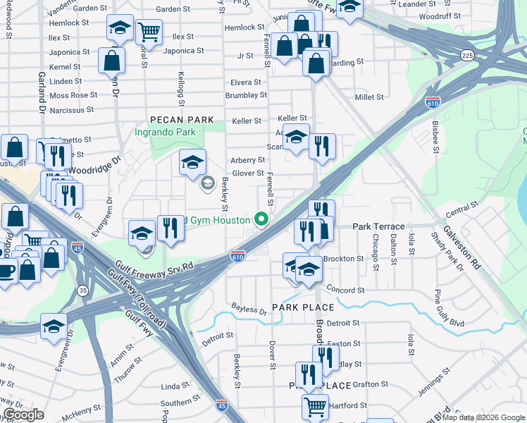 map of restaurants, bars, coffee shops, grocery stores, and more near 2639 Metcalf Street in Houston
