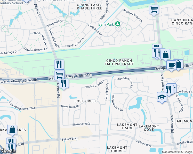 map of restaurants, bars, coffee shops, grocery stores, and more near 20901 Farm to Market 1093 Road in Richmond