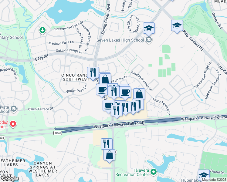 map of restaurants, bars, coffee shops, grocery stores, and more near 9611 Cherry Quartz Court in Katy