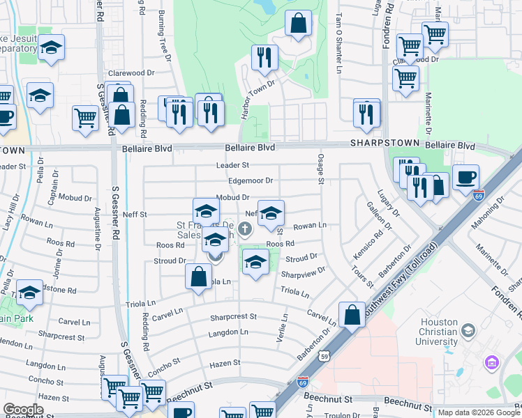 map of restaurants, bars, coffee shops, grocery stores, and more near 8118 Neff Street in Houston