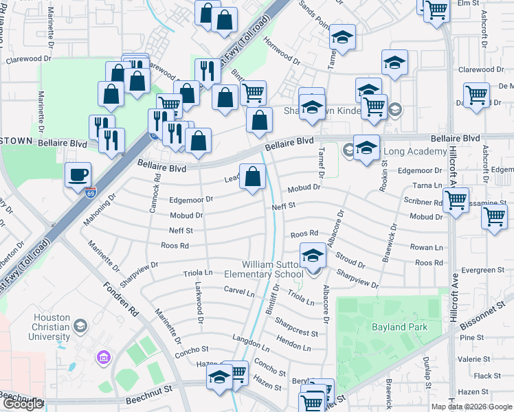 map of restaurants, bars, coffee shops, grocery stores, and more near 6919 Mobud Drive in Houston