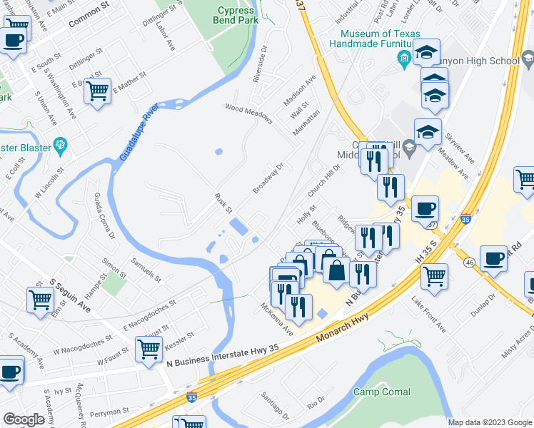map of restaurants, bars, coffee shops, grocery stores, and more near 927 Langesmill Branch in New Braunfels