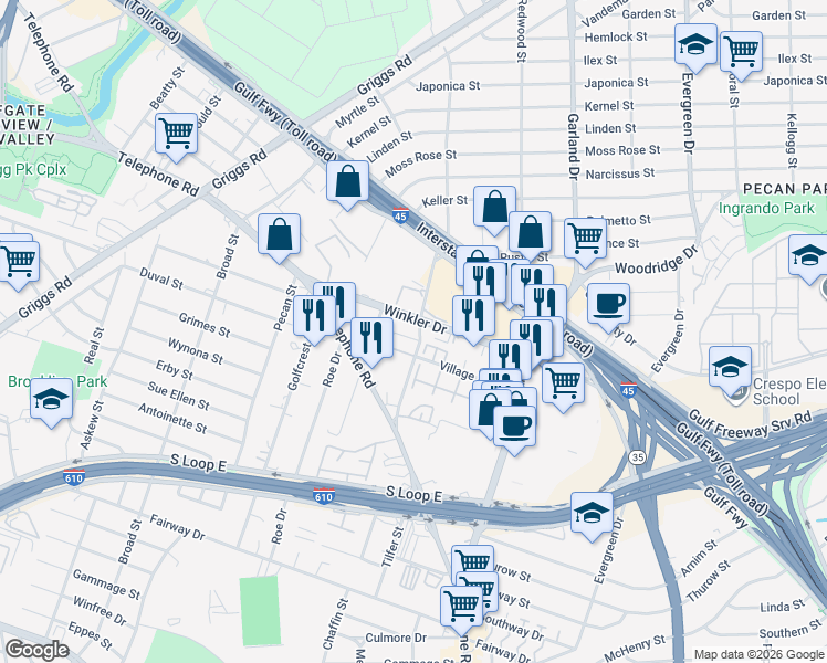 map of restaurants, bars, coffee shops, grocery stores, and more near 2922 Plum Creek Lane in Houston