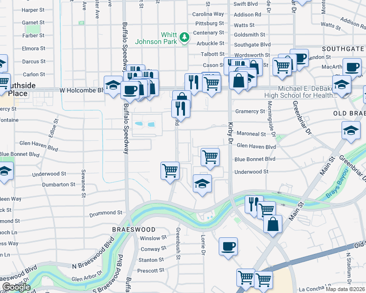 map of restaurants, bars, coffee shops, grocery stores, and more near 7315 Brompton Street in Houston