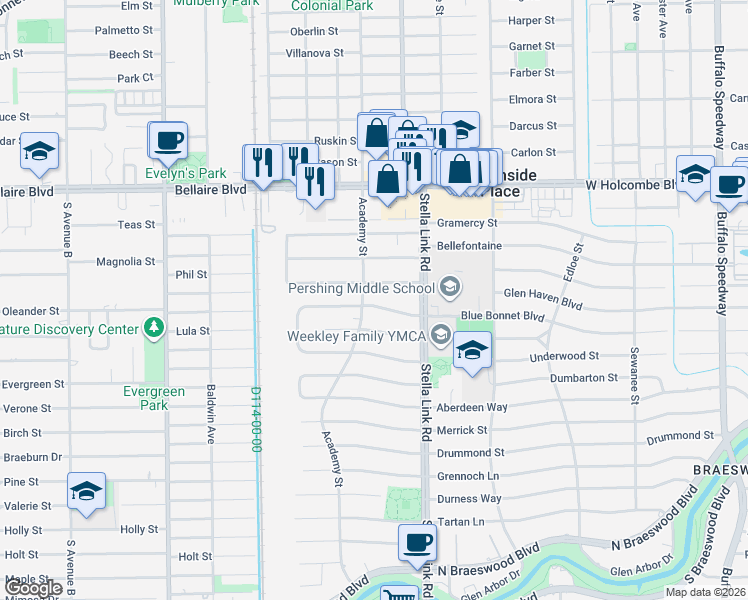 map of restaurants, bars, coffee shops, grocery stores, and more near 4034 Blue Bonnet Boulevard in Houston
