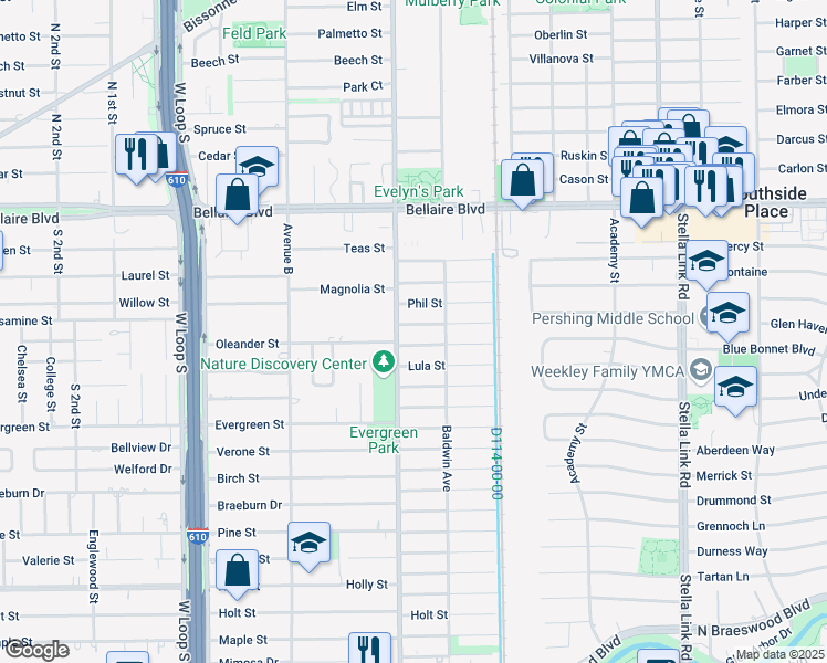map of restaurants, bars, coffee shops, grocery stores, and more near 4440 Oleander Street in Bellaire