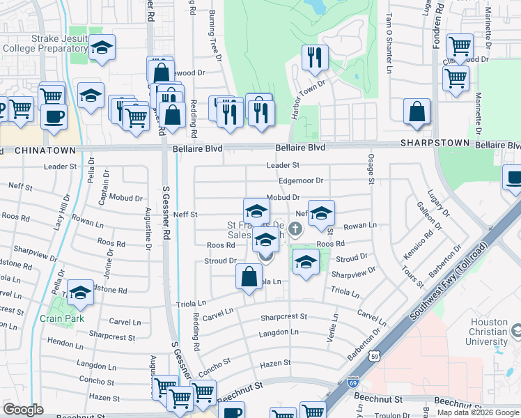 map of restaurants, bars, coffee shops, grocery stores, and more near 8334 Neff Street in Houston