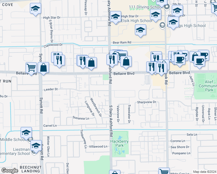 map of restaurants, bars, coffee shops, grocery stores, and more near 12550 Leader Street in Houston