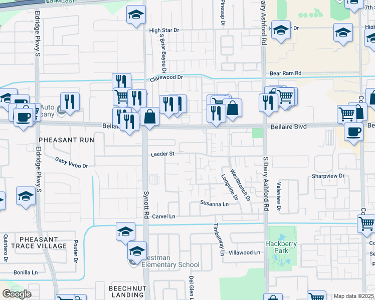 map of restaurants, bars, coffee shops, grocery stores, and more near 13046 Leader Street in Houston